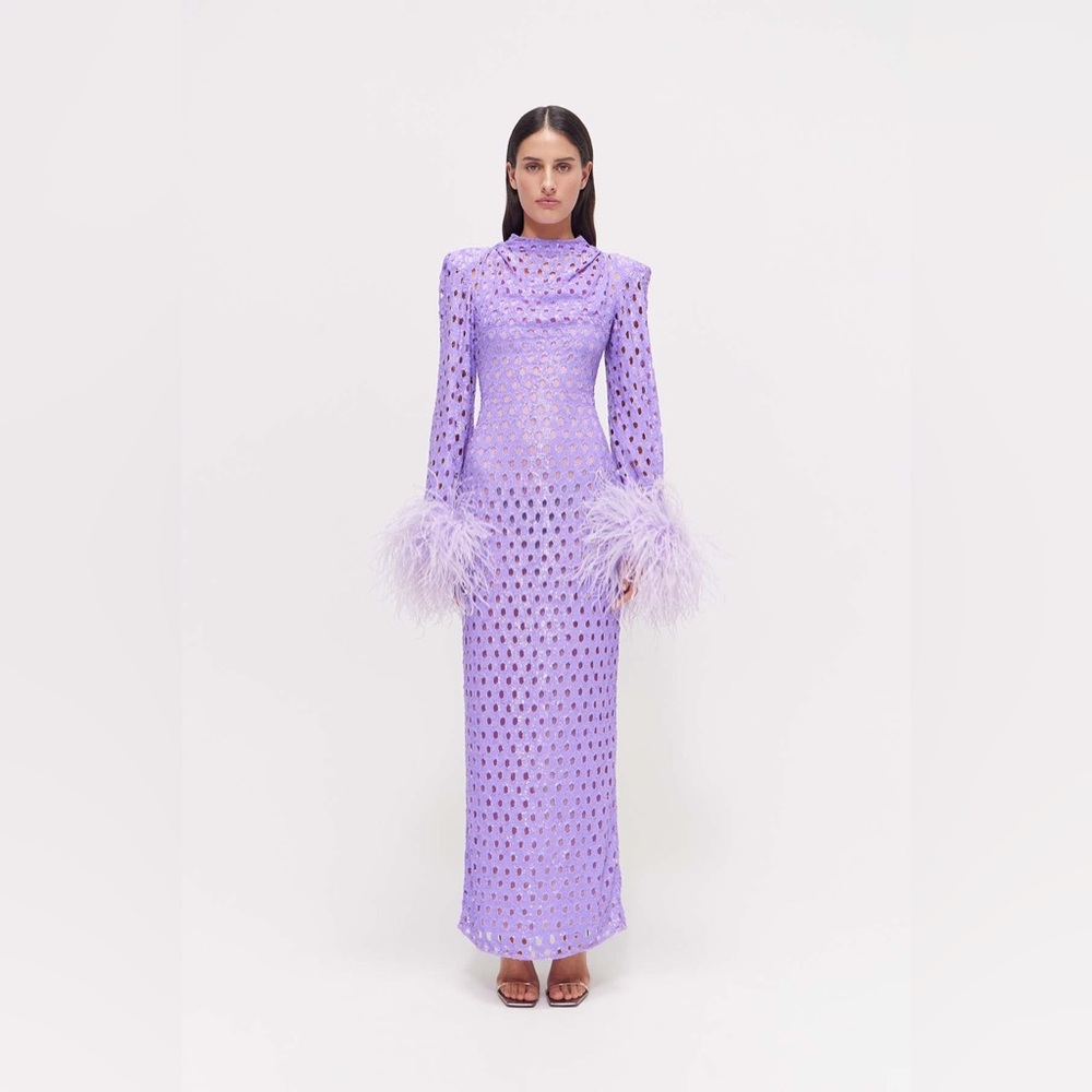 Rachel Gilbert Mara Purple Metallic Ostrich Feather Column Gown NWT - Picture 2 of 13